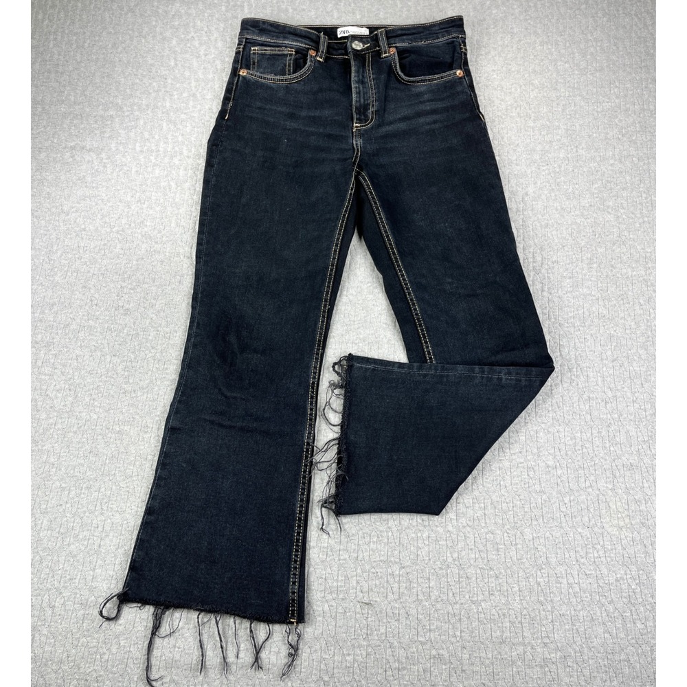 Zara‎ Bootcut Black Jeans Women 6/28X26 High Rise Flare Raw Hem Distressed Denim